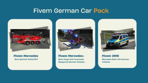 Unleash precision engineering with Fivem's German Car Pack. Drive iconic German vehicles and upgrade your gameplay with unmatched speed and style.