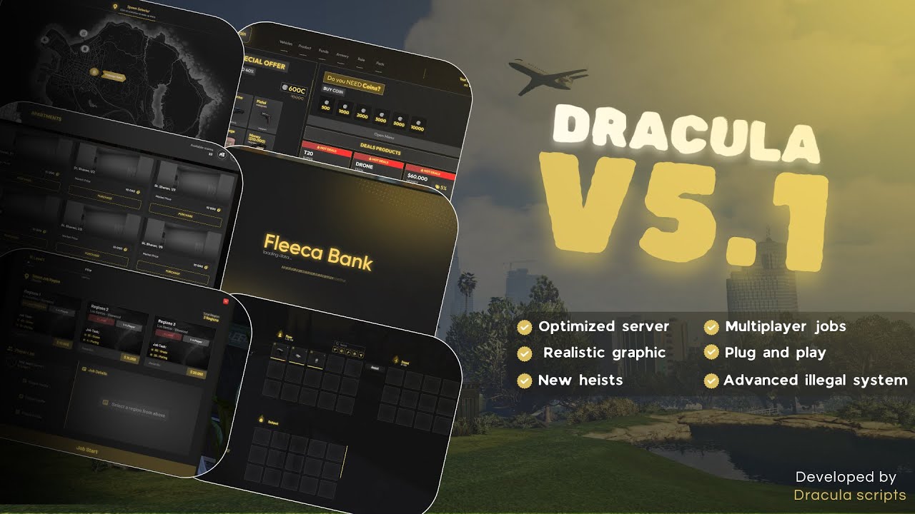 Dracula V5.1 – Premium Optimized FiveM Roleplay Server with Gold UI, Heists, Police Dispatch, and Realistic Graphics