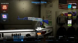 FiveM weapon skins system showing marketplace menu and weapon skin preview